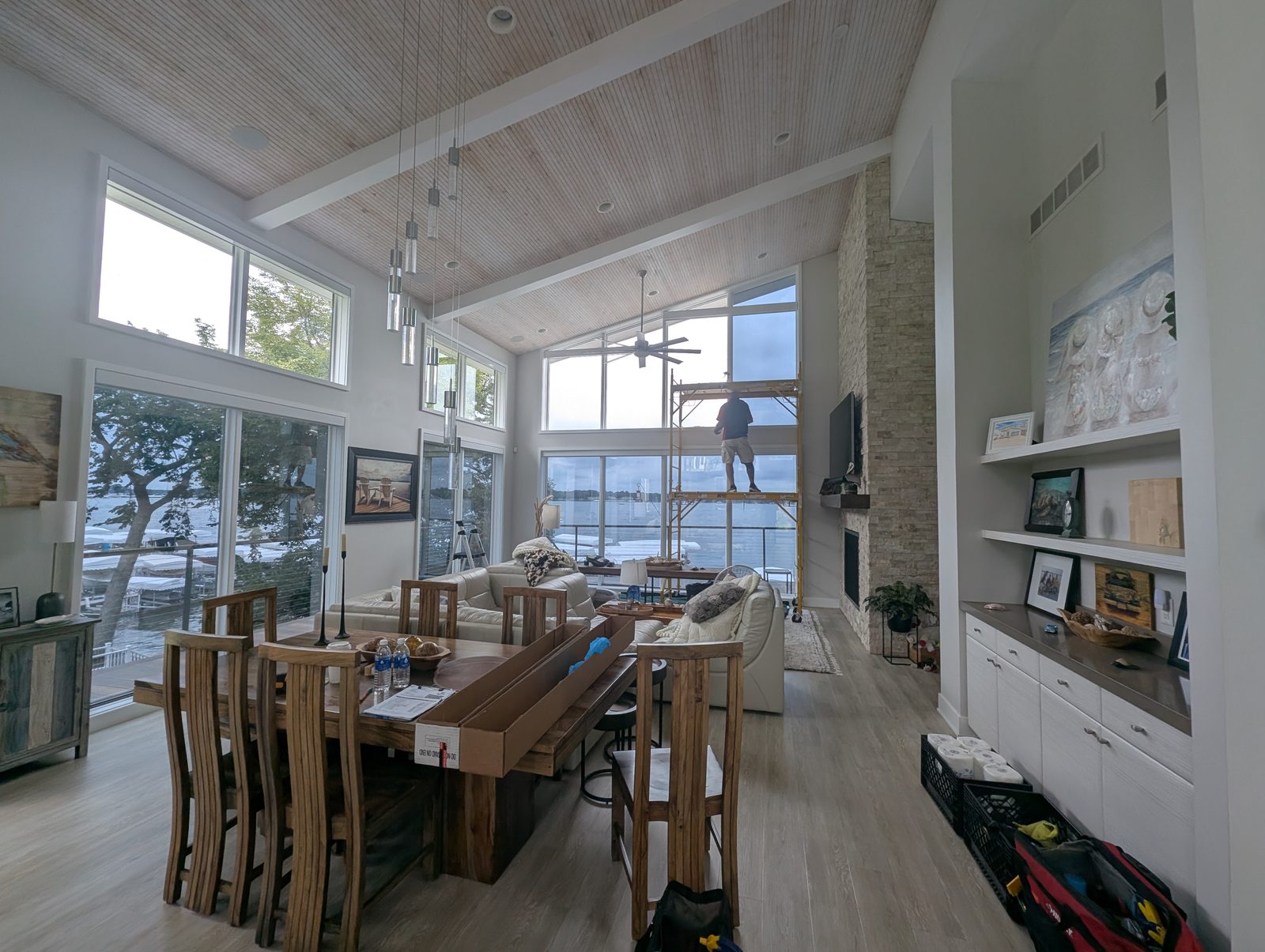 Vaulted great room with tall windows