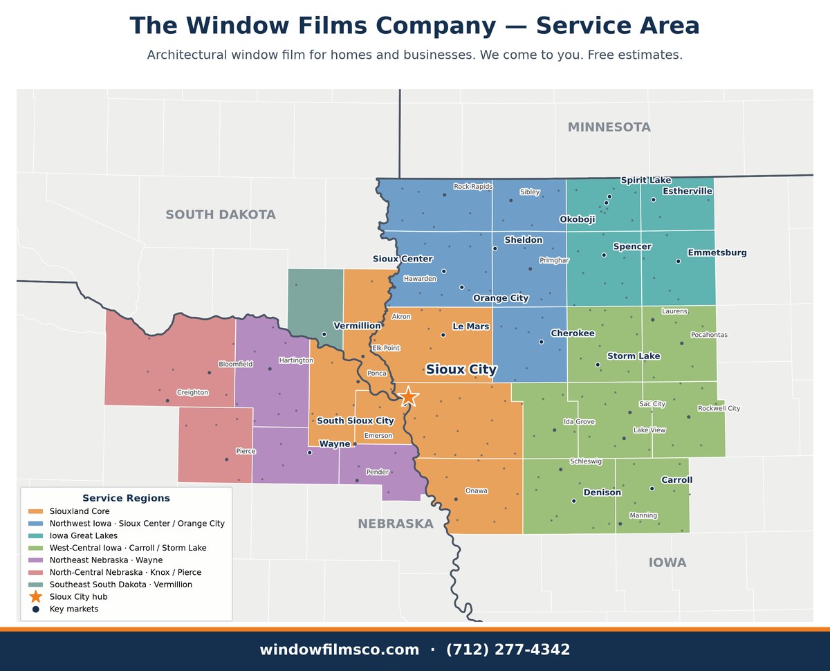 The Window Films Company (WFC) service area map: Siouxland, northwest Iowa, the Iowa Great Lakes, west-central Iowa, northeast Nebraska and southeast South Dakota